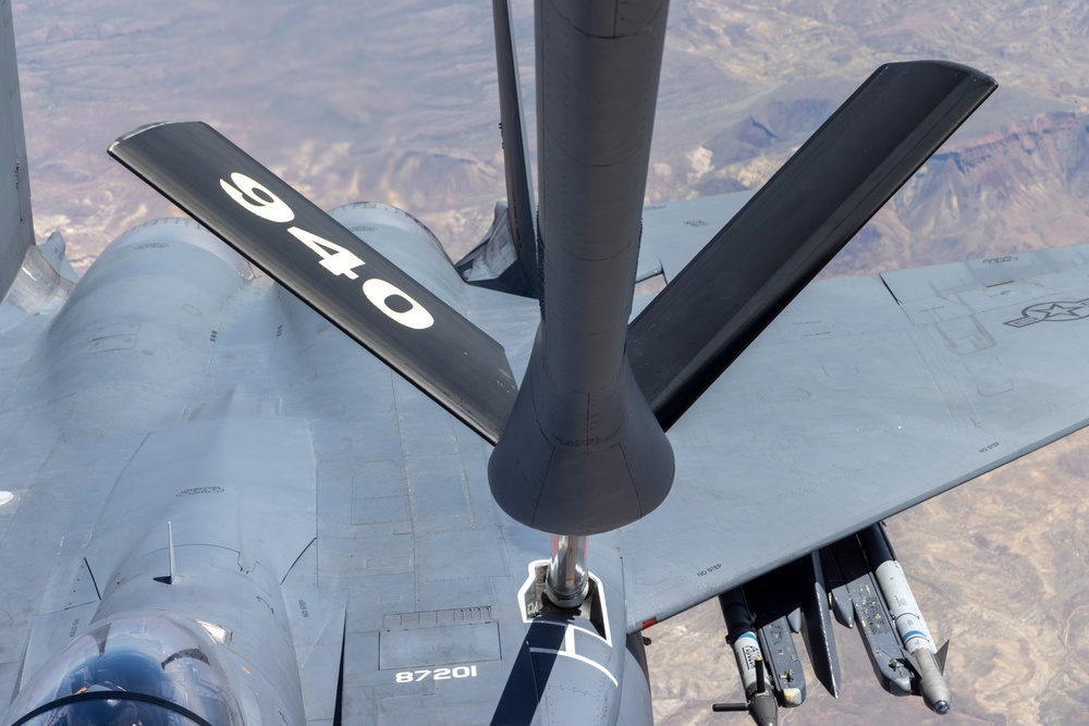 KC-135 Stratotanker refuels F-15E Strike Eagle