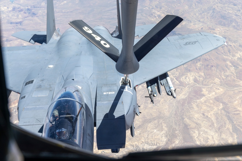KC-135 Stratotanker refuels F-15E Strike Eagle