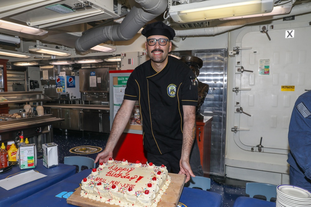 Sailors aboard the USS John Finn hold a birthday celebration in Sagami Wan