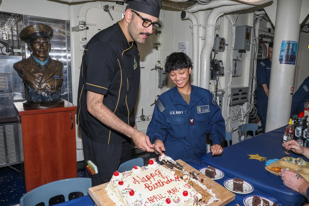Sailors aboard the USS John Finn hold a birthday celebration in Sagami Wan