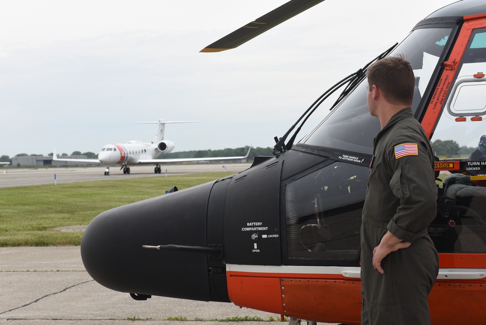 DHS Secretary Kristi Noem meets Coast Guard Air Station Detroit personnel for area flight in Detroit