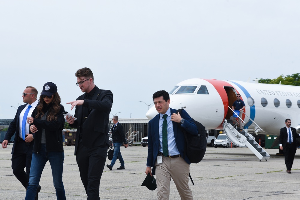 DHS Secretary Kristi Noem meets Coast Guard Air Station Detroit personnel for area flight in Detroit