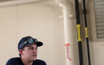 Firefighter Joshua Bertelson participates in briefing