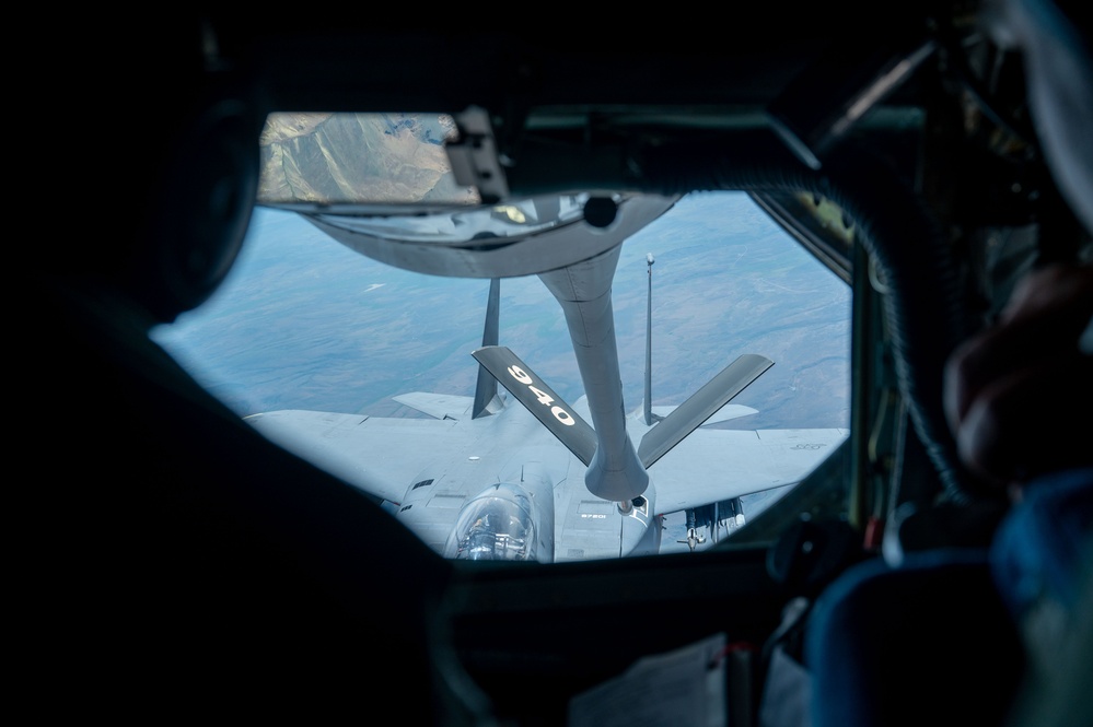 KC-135 Stratotanker delivers fuel to F-15E Strike Eagle