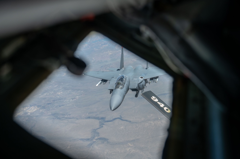 KC-135 Stratotanker delivers fuel to F-15E Strike Eagle