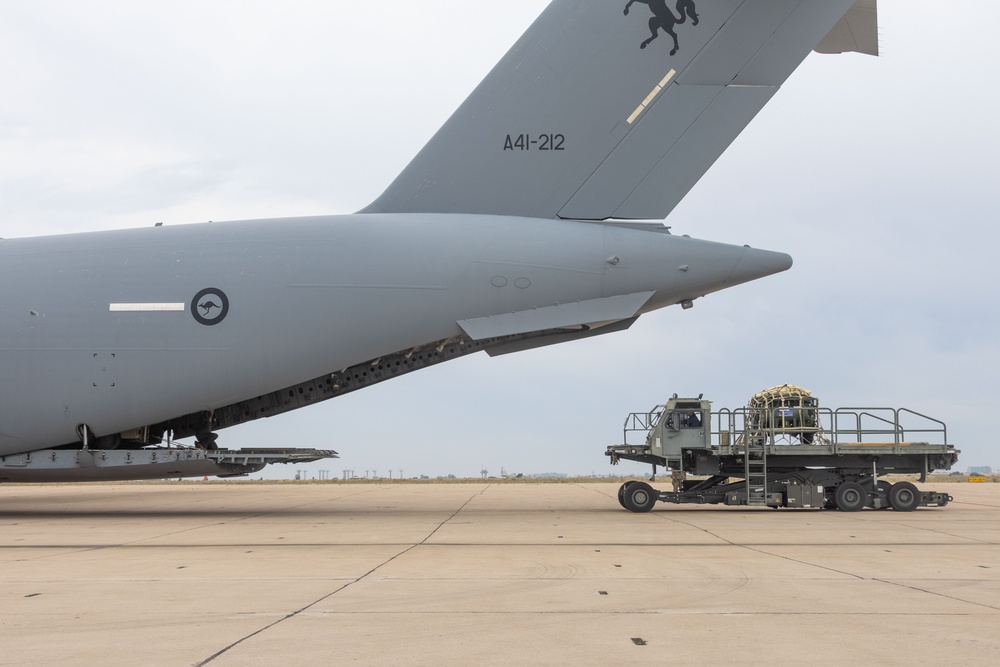 USMC loads Tactical Aviation Ground Refueling System onto Royal Australian Air Force C-17