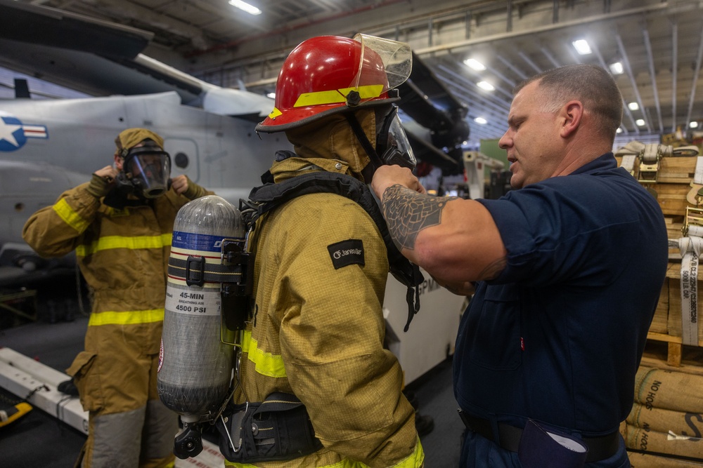 Iwo Jima Sailors Conduct Damage Control Drill