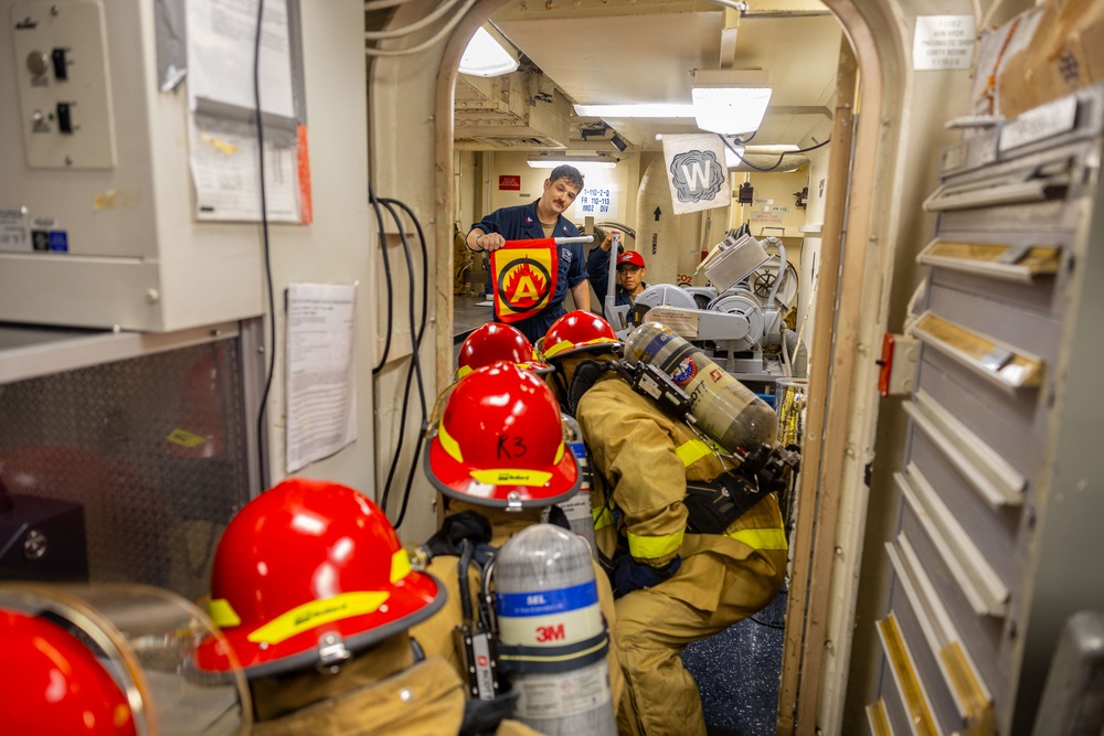 Iwo Jima Sailors Conduct Damage Control Drill
