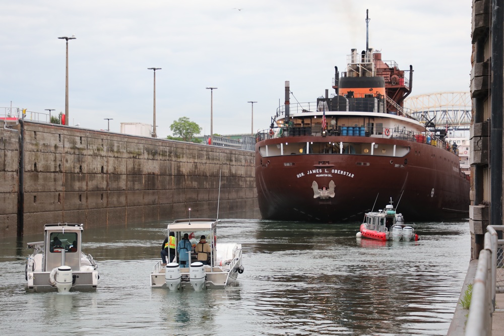 The motor vessel Honorable James L. Oberstar transits through the Soo Locks