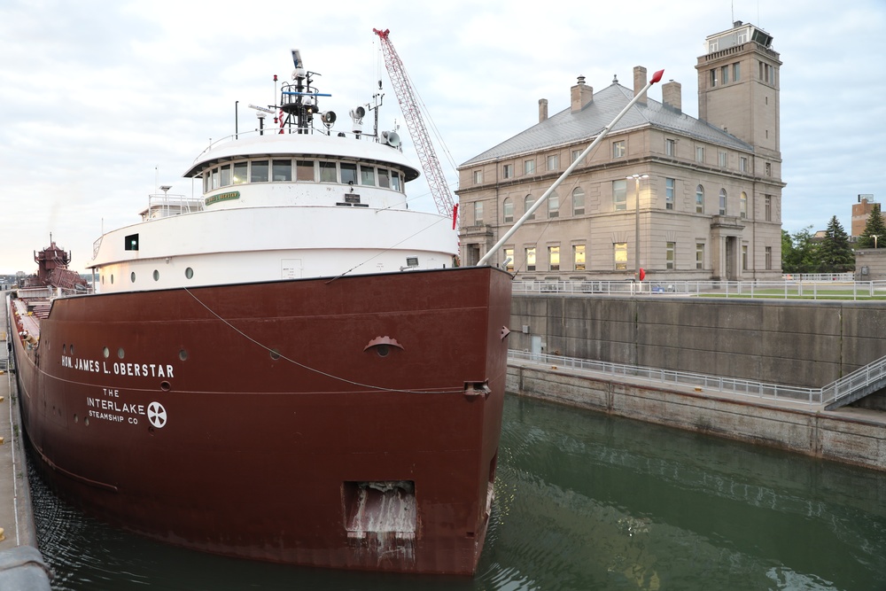 The motor vessel Honorable James L. Oberstar transits through the Soo Locks