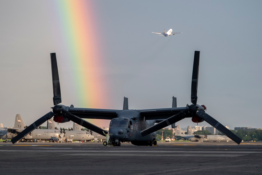 Rainbow arcs over the Yokota flightline