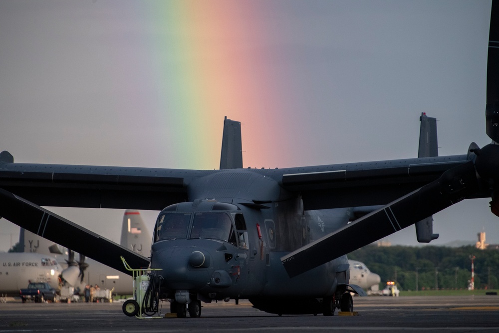 Rainbow arcs over the Yokota flightline