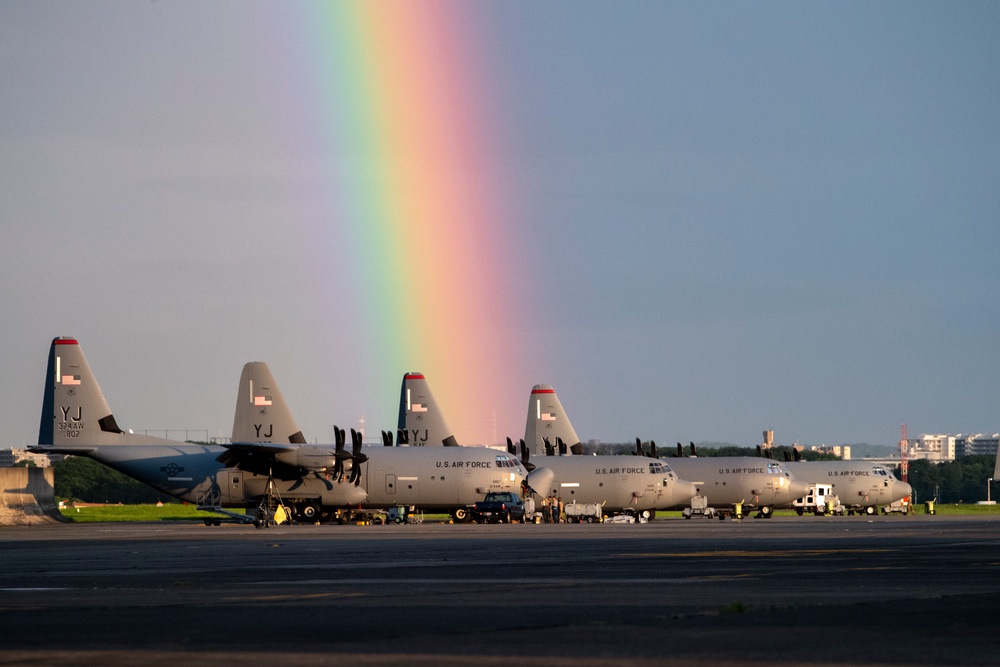 Rainbow arcs over the Yokota flightline