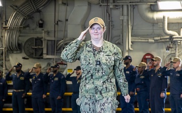 USS Tripoli’s Admin Officer and the G3 Divisional Officer are Piped Ashore