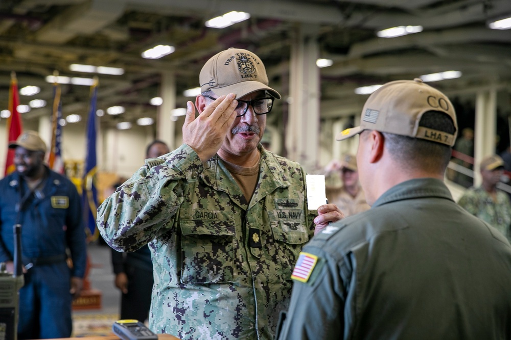 USS Tripoli’s Admin Officer and the G3 Divisional Officer are Piped Ashore