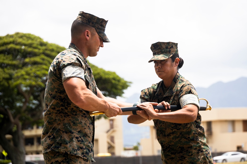 HQBN Sgt. Maj. Mayra Moreno Relinquishes Sword of Office at MCBH