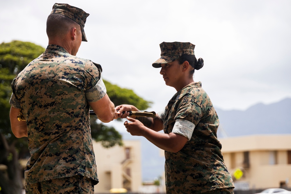 HQBN Sgt. Maj. Mayra Moreno Relinquishes Sword of Office at MCBH