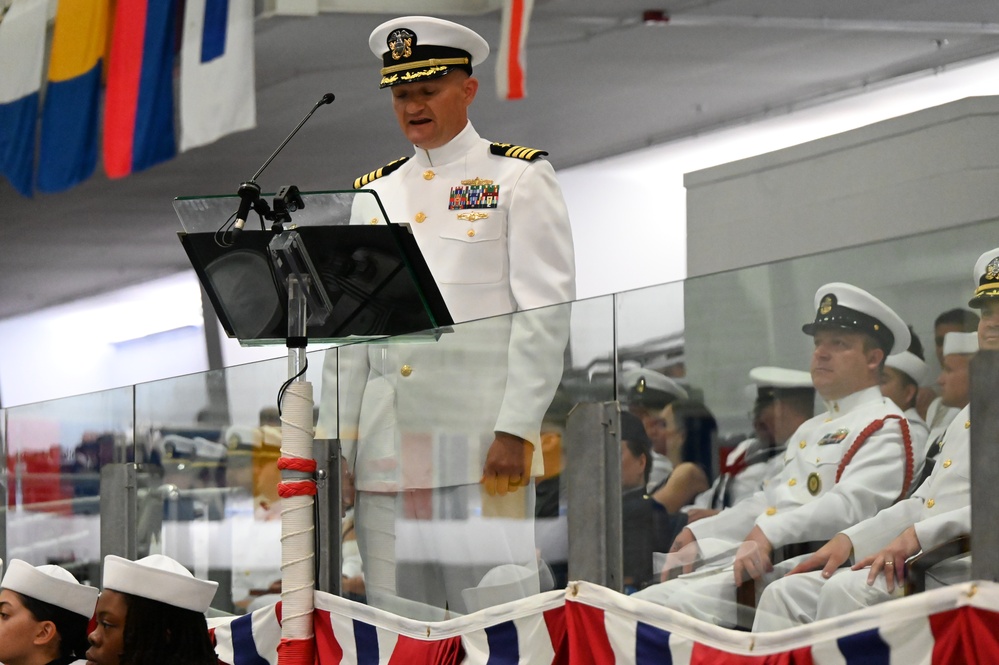 Captain May delivers remarks as Reviewing Officer for Recruit Training Command graduation.
