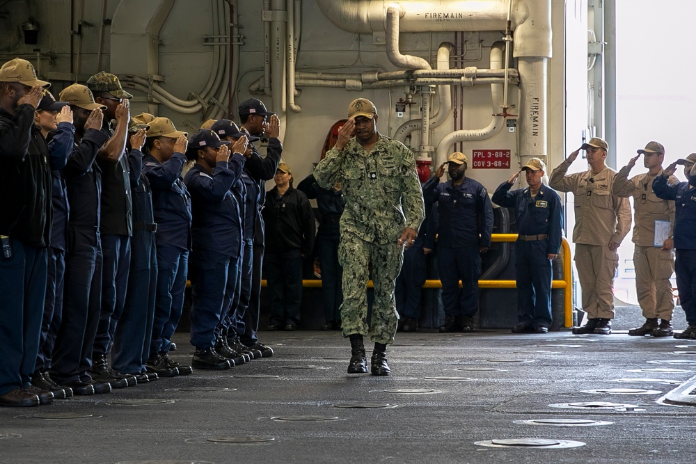 USS Tripoli Pipes Officer Ashore