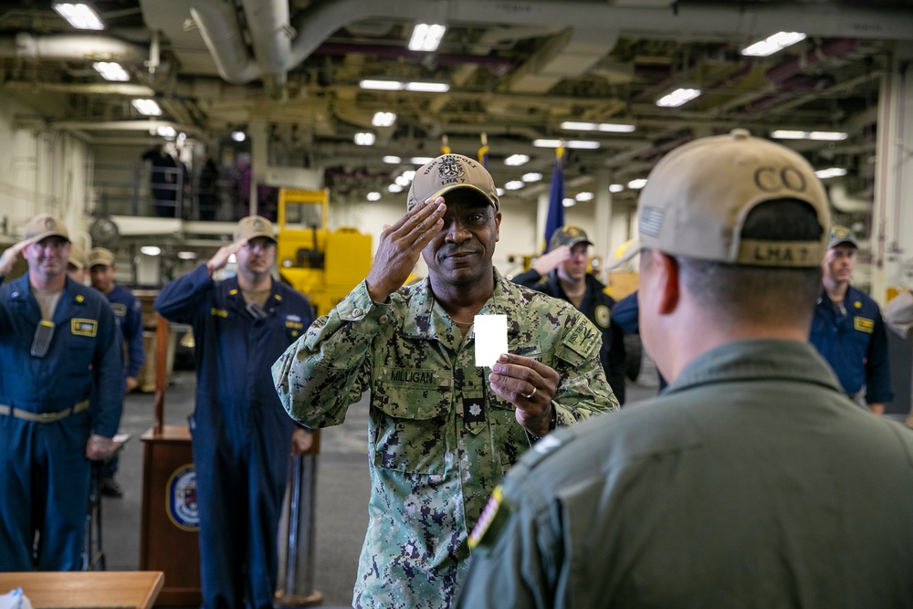 USS Tripoli Pipes Officer Ashore