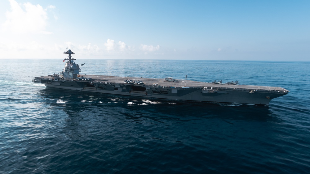 USS Gerald R. Ford (CVN 78) Conducts Vertical Replenishment with USS George H. W. Bush (CVN 77)