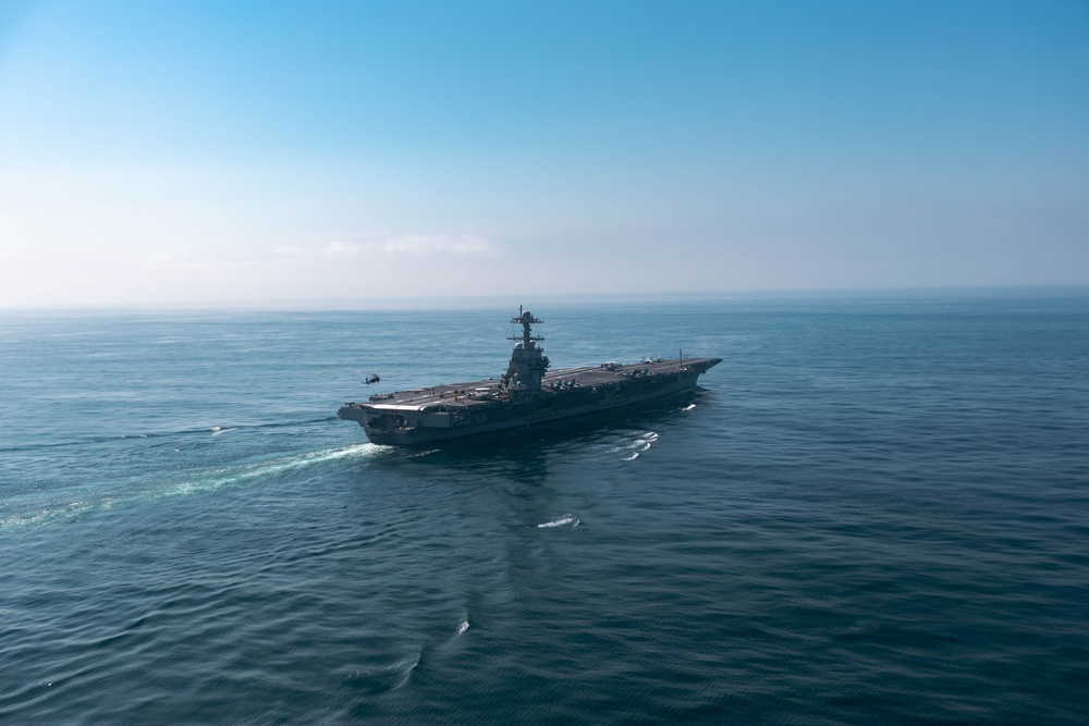 USS Gerald R. Ford (CVN 78) Conducts Vertical Replenishment with USS George H. W. Bush (CVN 77)