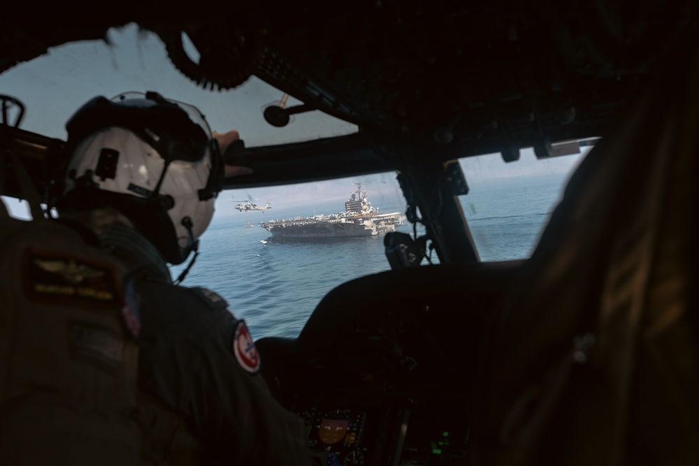 USS Gerald R. Ford (CVN 78) Conducts Vertical Replenishment with USS George H. W. Bush (CVN 77)