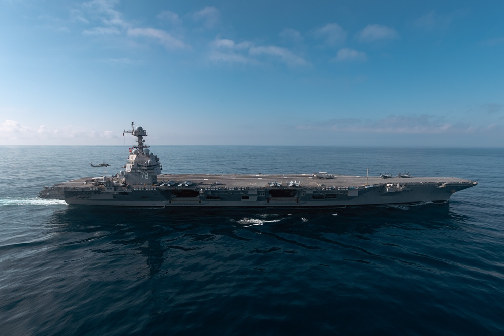 USS Gerald R. Ford (CVN 78) Conducts Vertical Replenishment with USS George H. W. Bush (CVN 77)