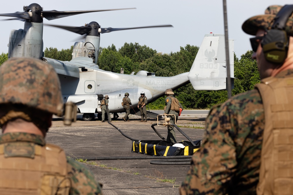 U.S. Marines with MWSS-273 and VMM-162 refuel MV-22B Ospreys at Wallops Island