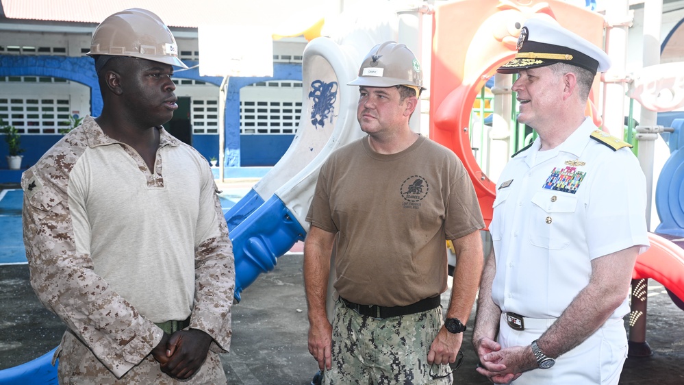 U.S. Navy Rear Adm. Richard S. Lofgren visits Panama school with the Seabees