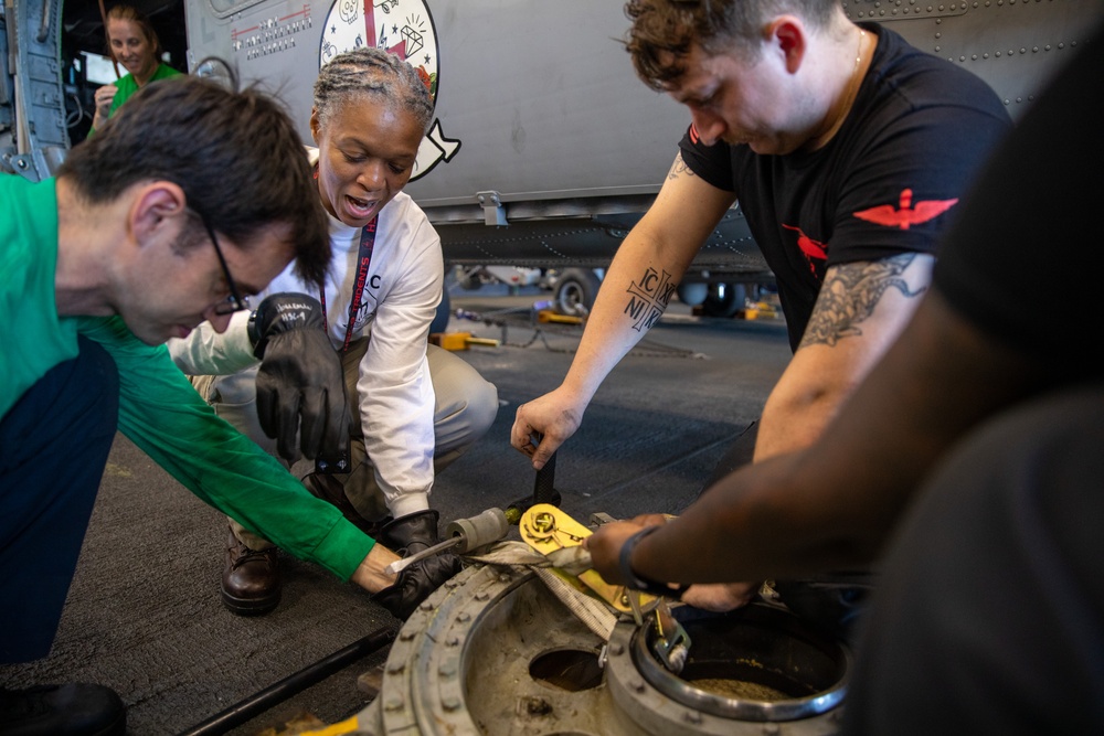 Helicopter Sea Combat Squadron 9 Sailors Conduct Maintenance Aboard USS Gerald R. Ford (CVN 78)