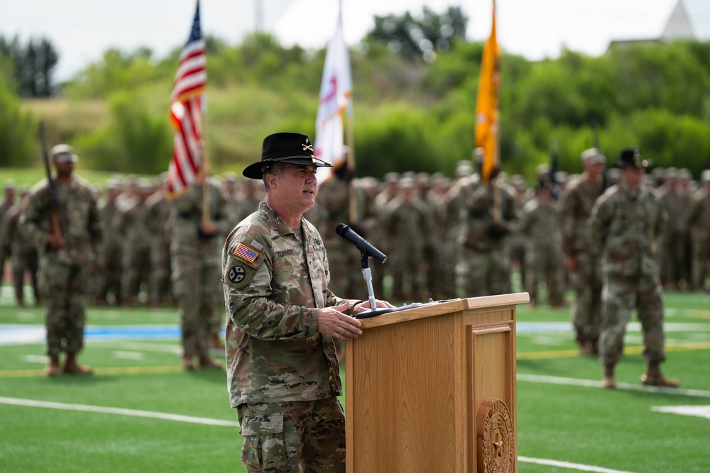 Texas Army National Guardsmen assigned to 278th Armored Cavalry Regiment (ABCT) conduct a deployment ceremony in preparation for overseas tour