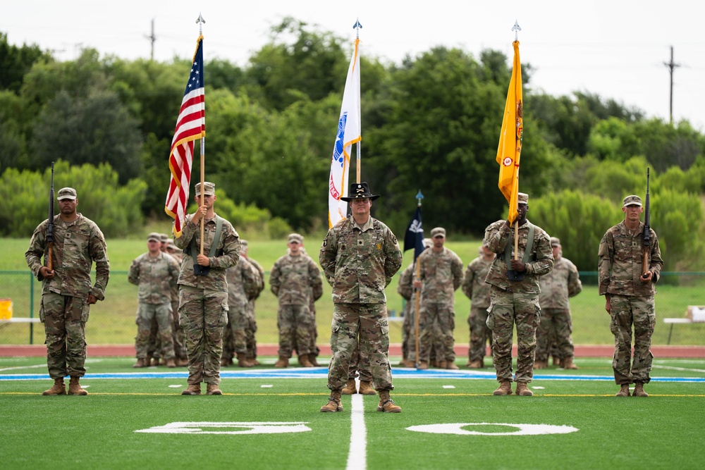 Texas Army National Guardsmen assigned to 278th Armored Cavalry Regiment (ABCT) conduct a deployment ceremony in preparation for their tour overseas