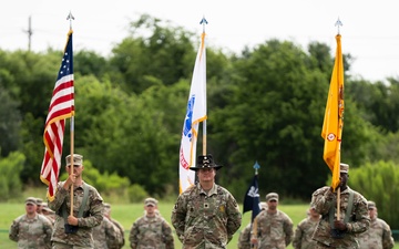 Texas Army National Guardsmen assigned to 278th Armored Cavalry Regiment (ABCT) conduct a deployment ceremony in preparation for their tour overseas