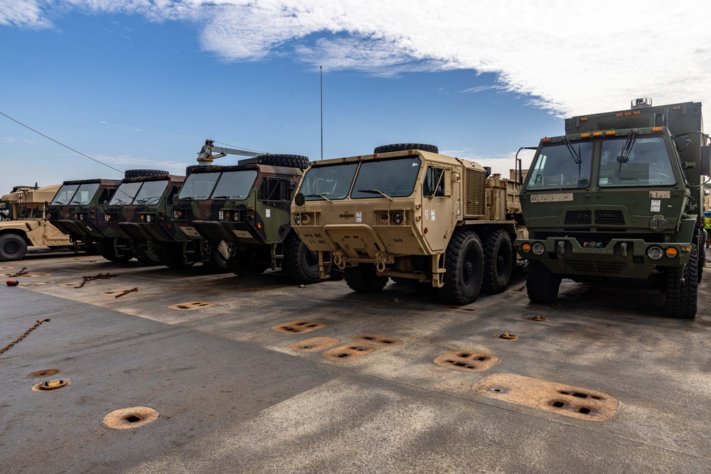 Talisman Sabre 2025 U.S. Army vehicles offload at Port Darwin, Australia for Talisman Sabre 25