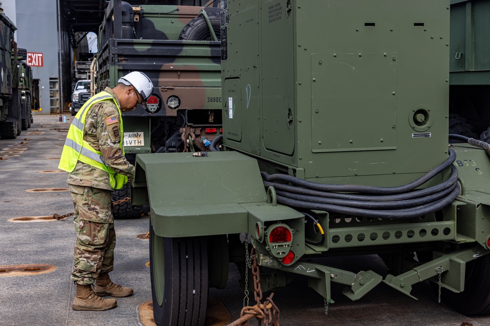 Talisman Sabre 2025 U.S. Army vehicles offload at Port Darwin, Australia for Talisman Sabre 25