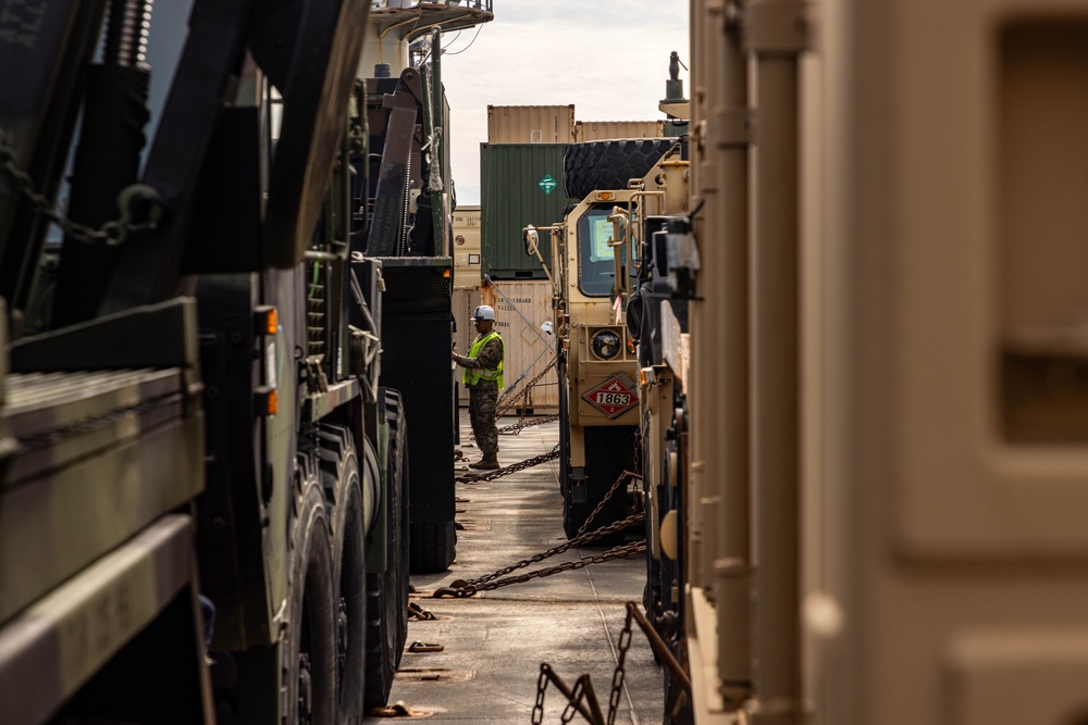 Talisman Sabre 2025 U.S. Army vehicles offload at Port Darwin, Australia for Talisman Sabre 25