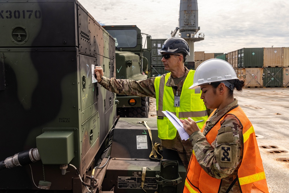 Talisman Sabre 2025 U.S. Army vehicles offload at Port Darwin, Australia for Talisman Sabre 25
