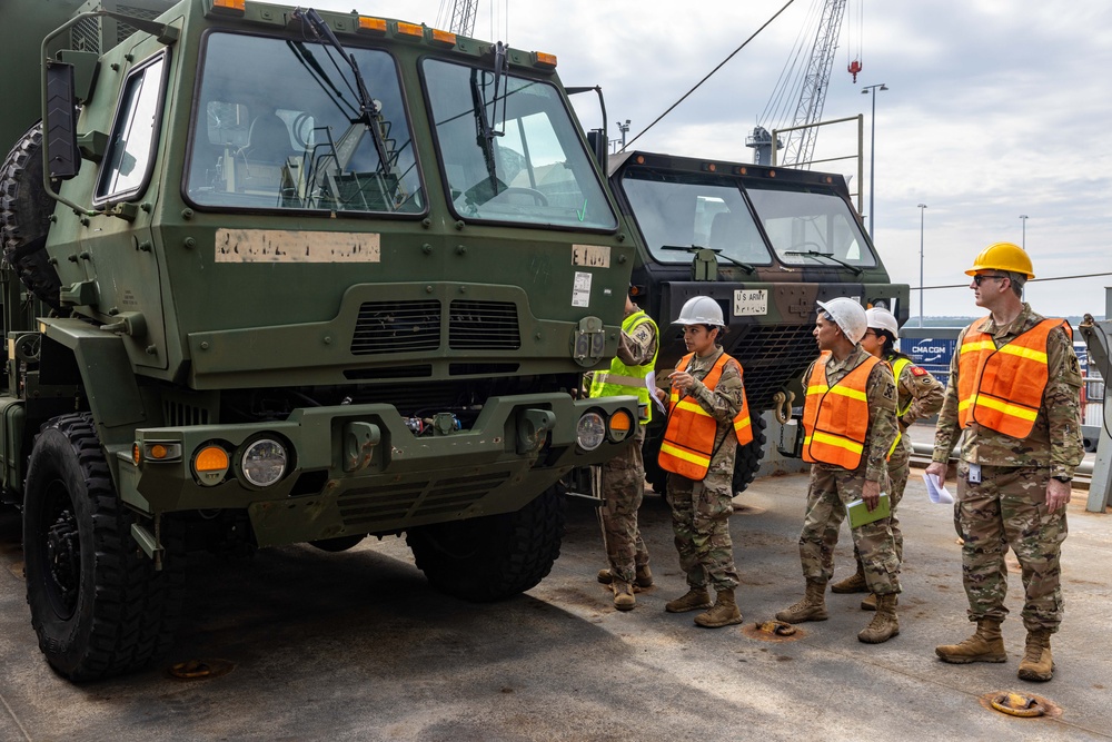 Talisman Sabre 2025 U.S. Army vehicles offload at Port Darwin, Australia for Talisman Sabre 25