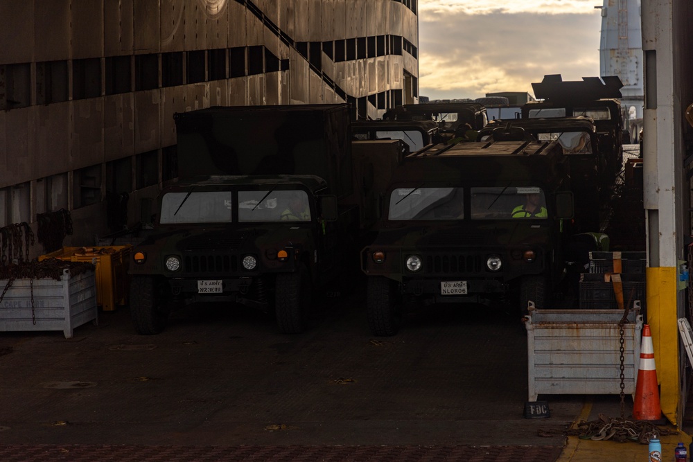 Talisman Sabre 2025 U.S. Army vehicles offload at Port Darwin, Australia for Talisman Sabre 25