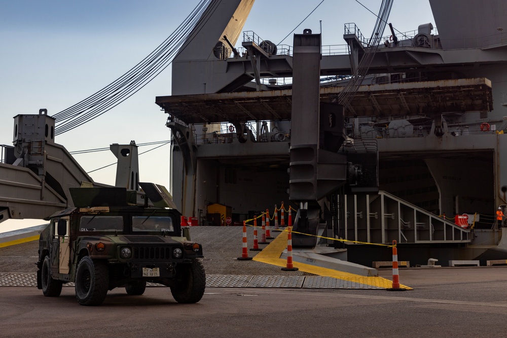 Talisman Sabre 2025 U.S. Army vehicles offload at Port Darwin, Australia for Talisman Sabre 25