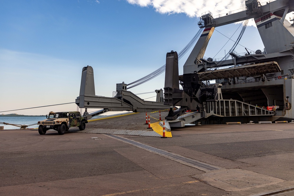 Talisman Sabre 2025 U.S. Army vehicles offload at Port Darwin, Australia for Talisman Sabre 25