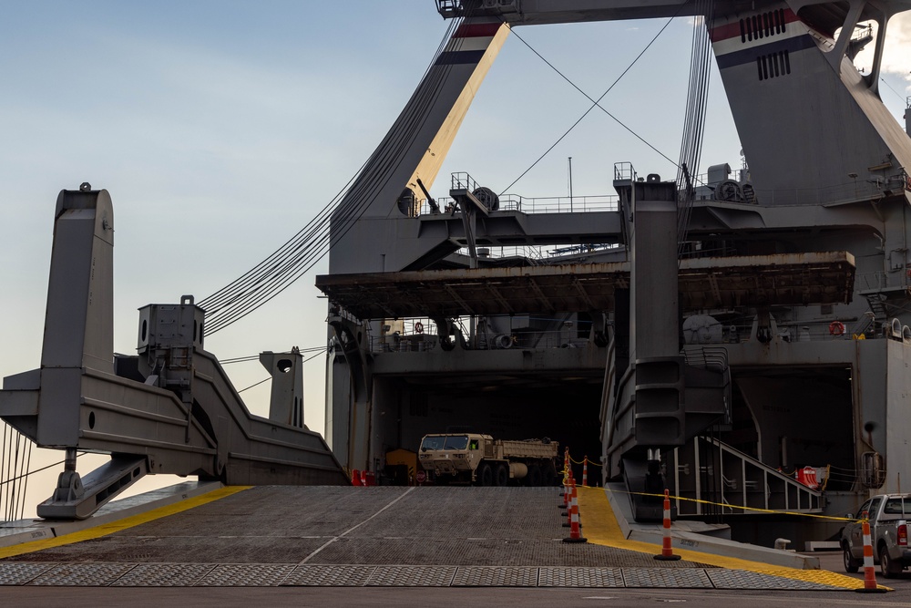 Talisman Sabre 2025 U.S. Army vehicles offload at Port Darwin, Australia for Talisman Sabre 25