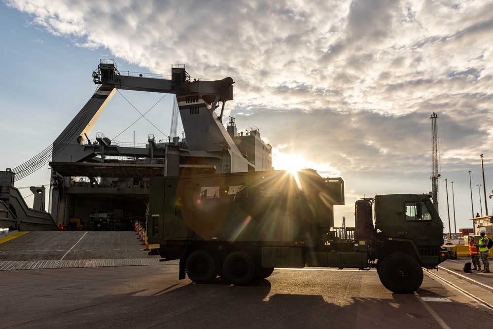 Talisman Sabre 2025 U.S. Army vehicles offload at Port Darwin, Australia for Talisman Sabre 25