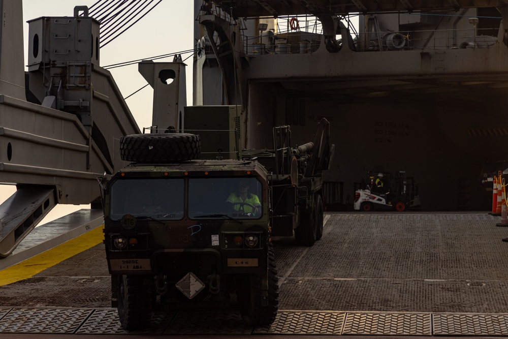 Talisman Sabre 2025 U.S. Army vehicles offload at Port Darwin, Australia for Talisman Sabre 25