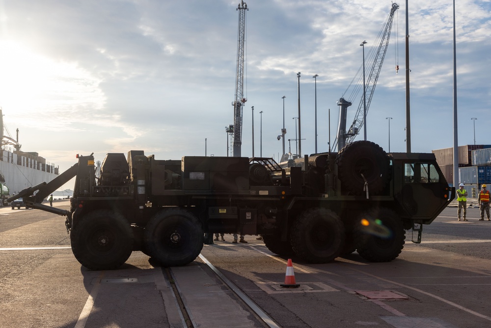 Talisman Sabre 2025 U.S. Army vehicles offload at Port Darwin, Australia for Talisman Sabre 25
