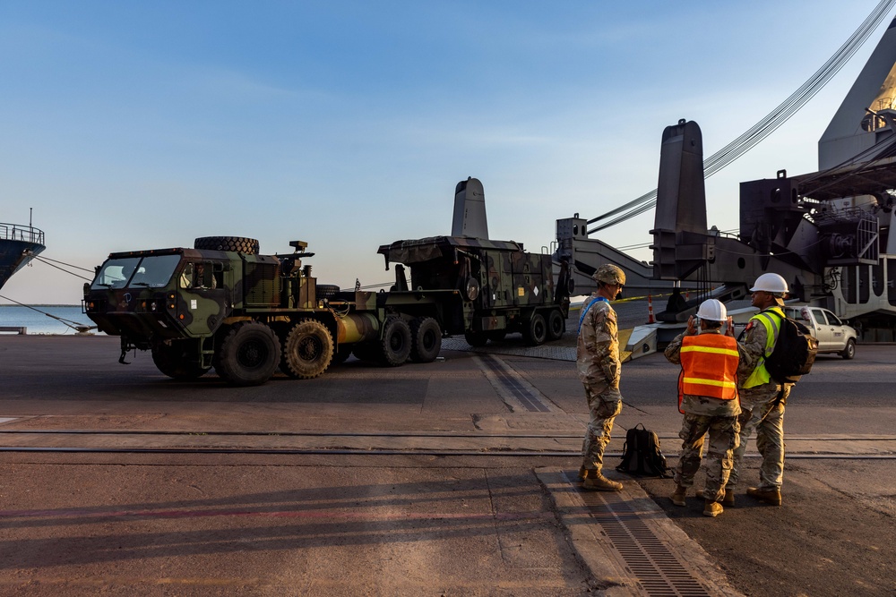 Talisman Sabre 2025 U.S. Army vehicles offload at Port Darwin, Australia for Talisman Sabre 25