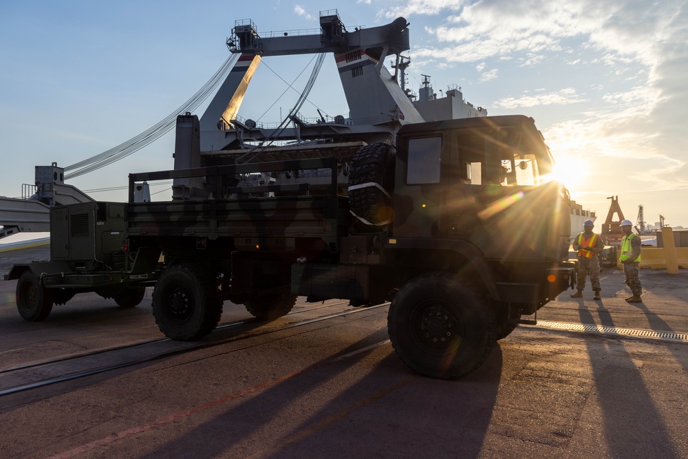 Talisman Sabre 2025 U.S. Army vehicles offload at Port Darwin, Australia for Talisman Sabre 25