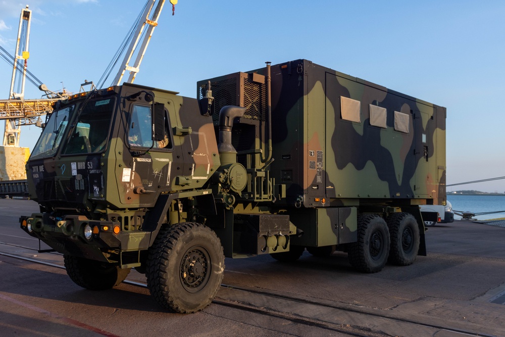 Talisman Sabre 2025 U.S. Army vehicles offload at Port Darwin, Australia for Talisman Sabre 25
