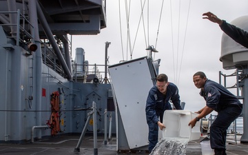USS PEARL HARBOR (LSD 52) Sailors man the rails as the ship departs for Pacific Partnership 2025